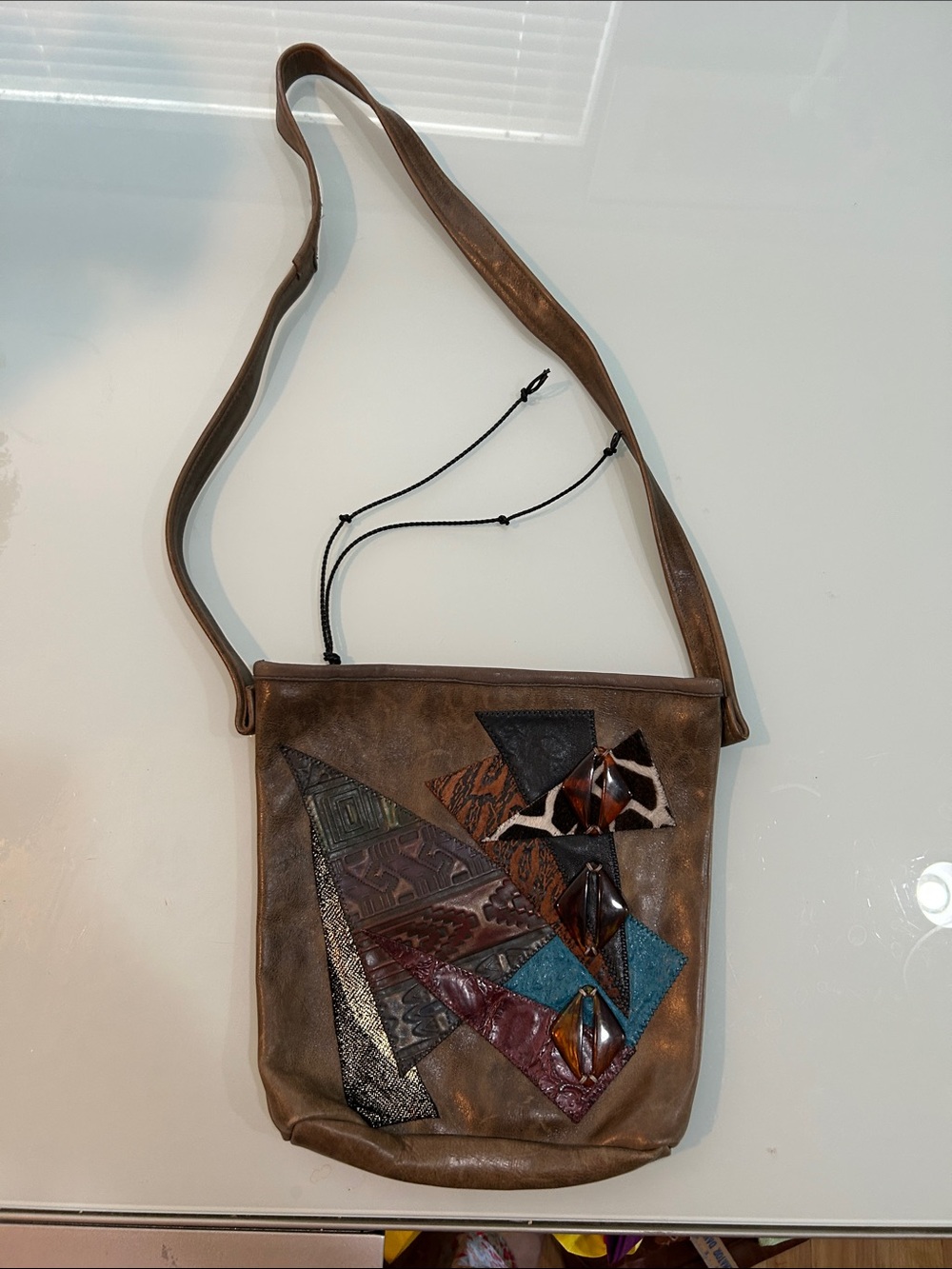 Vintage post modern artisan Brown Patchwork Leather Crossbody Bag